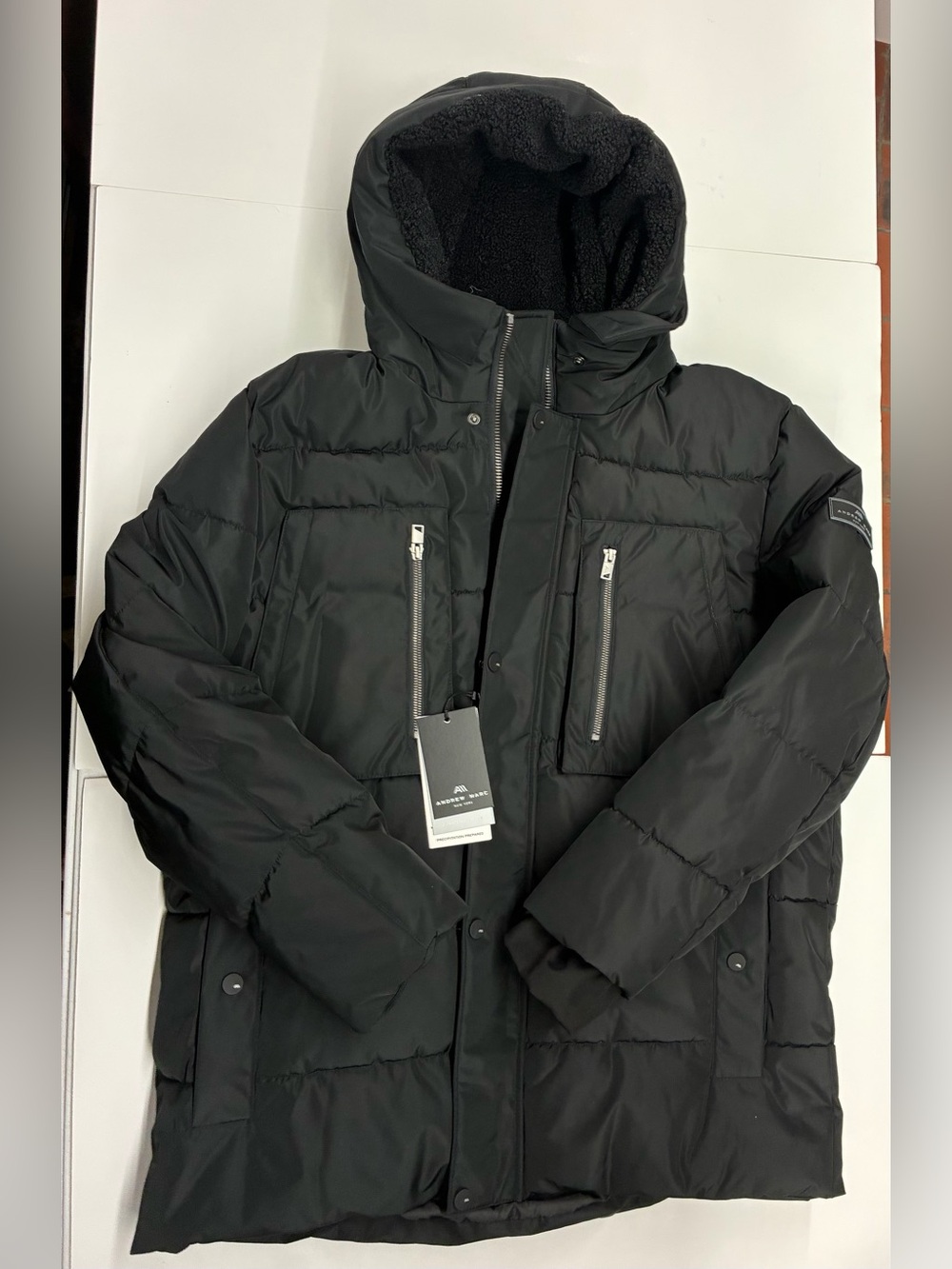 NEW Andrew Marc Men's Yarmouth Micro Sheen Jacket Fleece-Lined Hood Size L